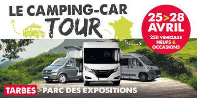 le camping car tour du 25 au 28 avril 2024 au parc des expositions de Tarbes. 
Découvrez près de 250 véhicules neufs et d'occasions.